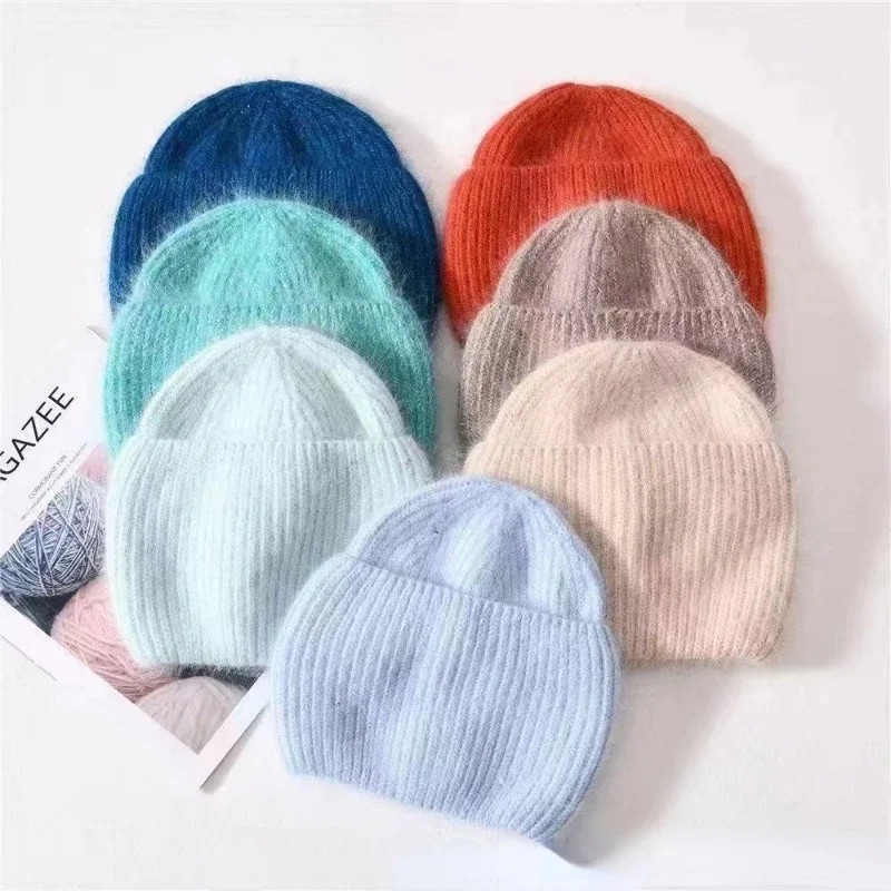 2023 New Autumn and Winter Fluffy Spring Peas Angora Rabbit Fur Knitted Hat Female Shiny Warm Thickened Couple Woolen Soft Cap