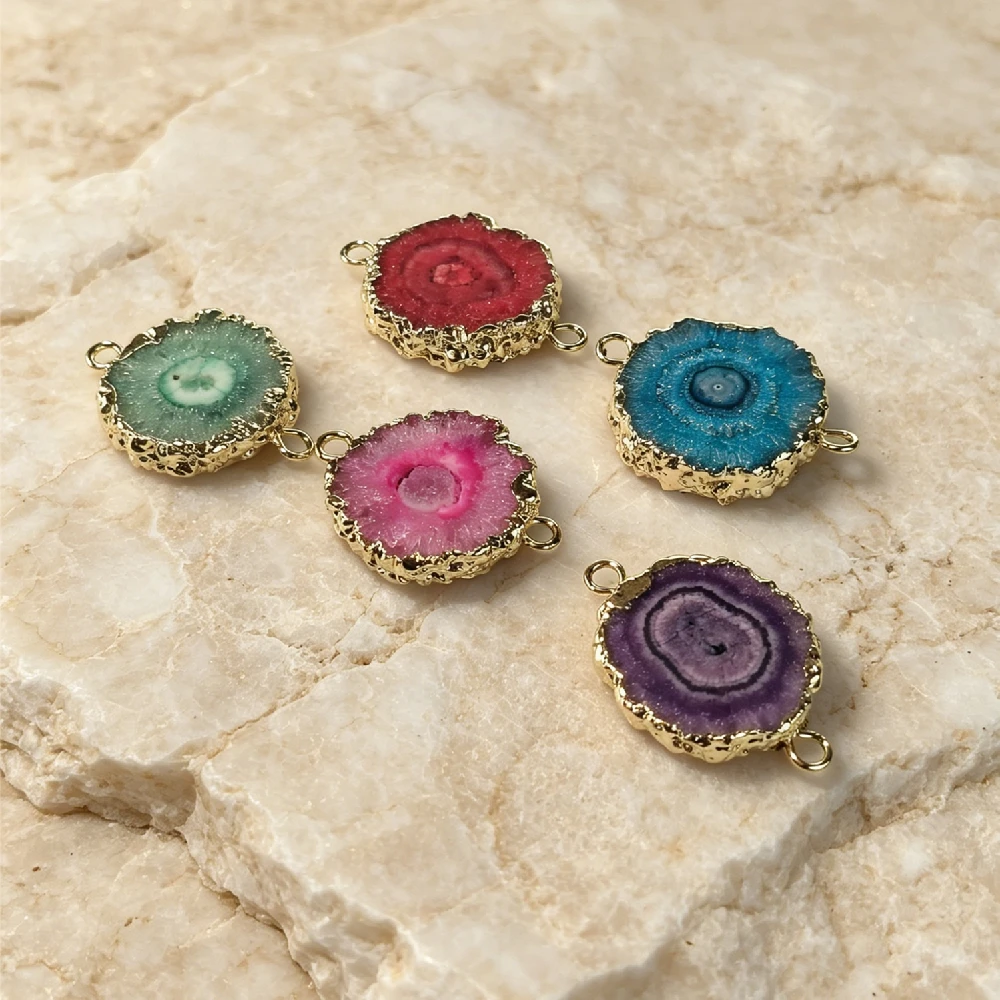 Bright Raw Solar Druzy Slice Link Charms Golden Plated Natural Semi Precious Stone for DIY Necklace Bracelet Making P2D1027