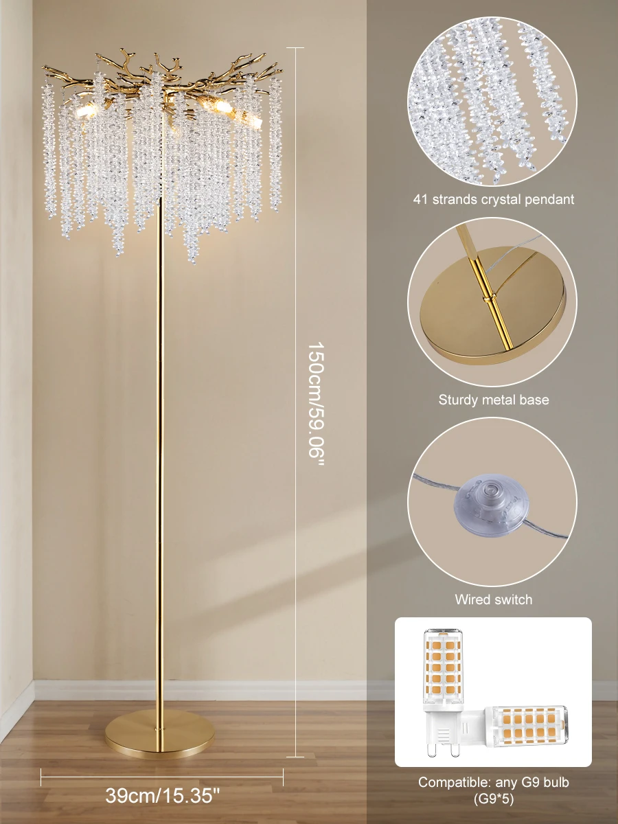 Modern Luxury Crystal Floor Lamp Nordic Layered Raindrop Standing Light for Living Room Bedroom Wedding Decor Sofa Corner Lights