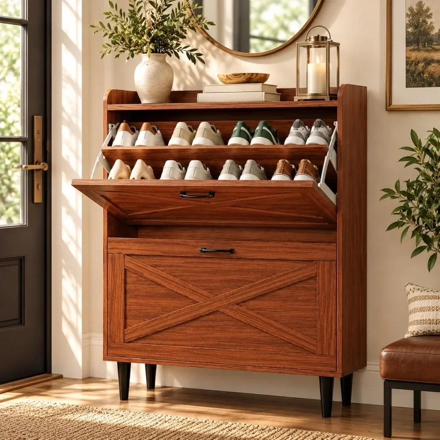 Shoe Storage Cabinet for Entryway with 2 Flip Drawers, Ultra Slim Freestanding Entryway Shoe Organizer with Wood Tapered Legs,