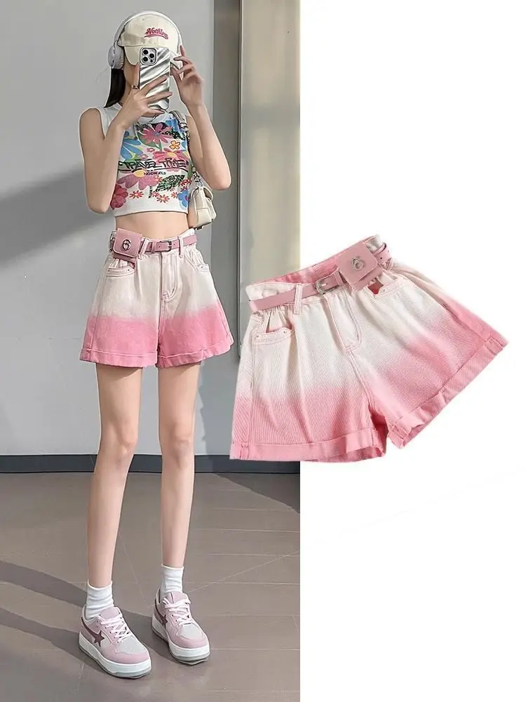 Denim Shorts Gradient Pink High Waist Women Summer 2024 Fashion A Line Short Jeans Pink Shorts Jeans Feminino