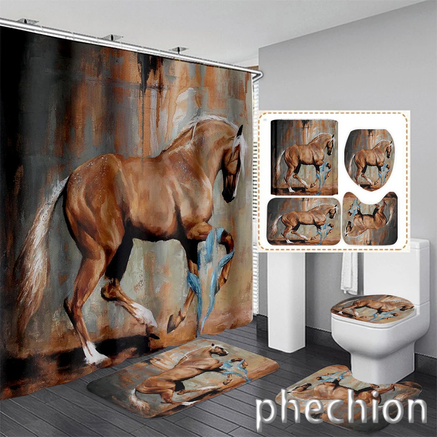 New 3D Print Animal Horse Shower Curtain Waterproof Bathroom Curtain Anti-slip Bath Mat Set Toilet Rugs Carpet VR70