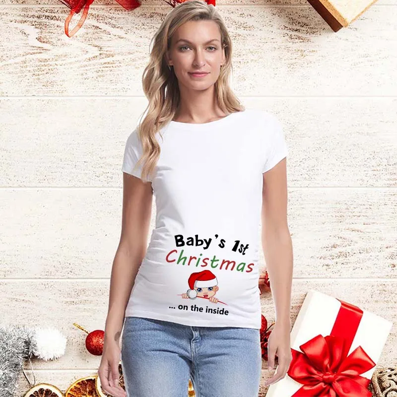 Camicia gravidanza Maternità Natale Donna Top Donna T-shirt gravidanza Carino Babbo Natale Stampa bambino T-shirt premaman incinta Top