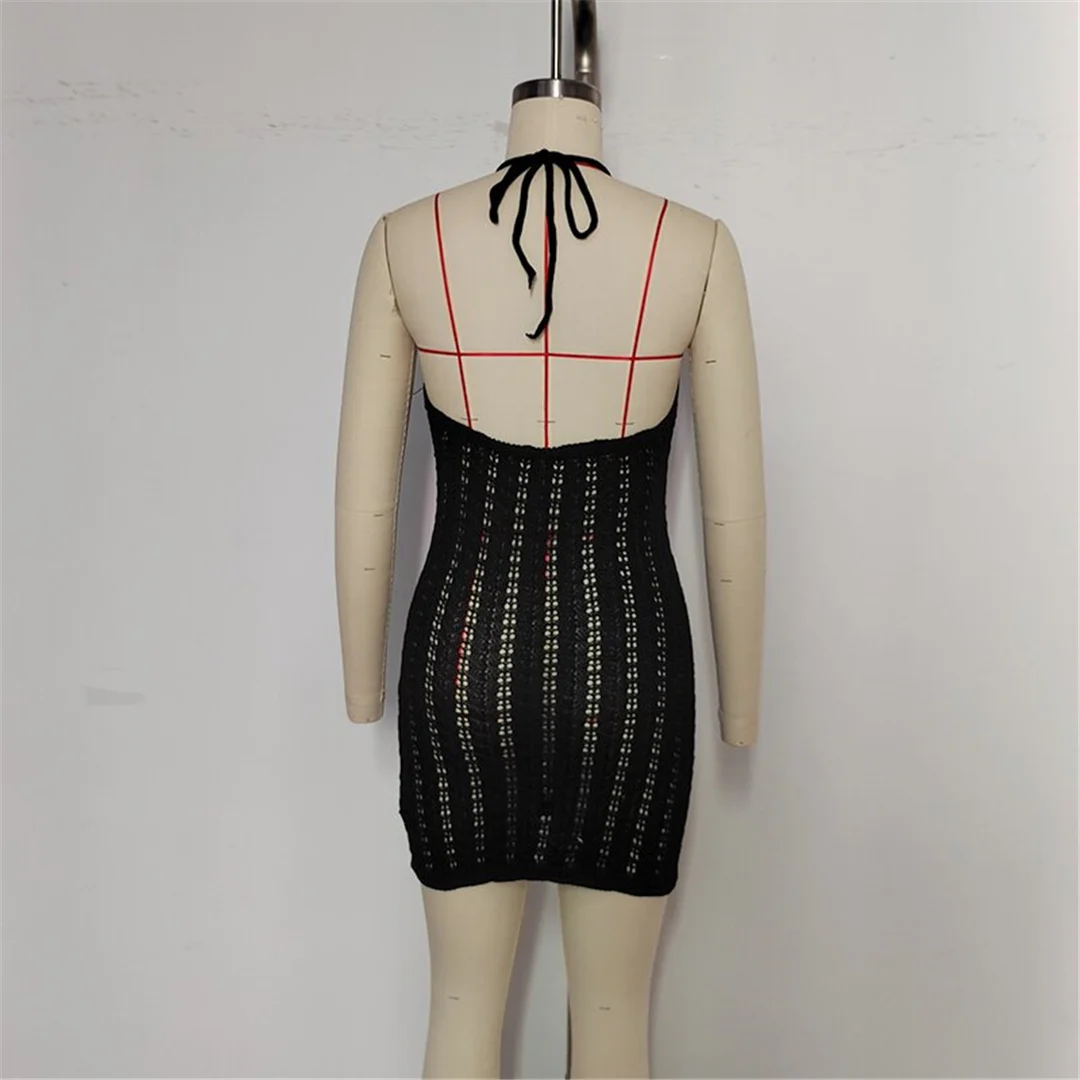 Halterneck, rückenfreies, gehäkeltes, gestricktes Tunika-Strandkleid, Strandmode, Strandbekleidung, Strand-Cover-up, Damen, V6480 – Detail 17