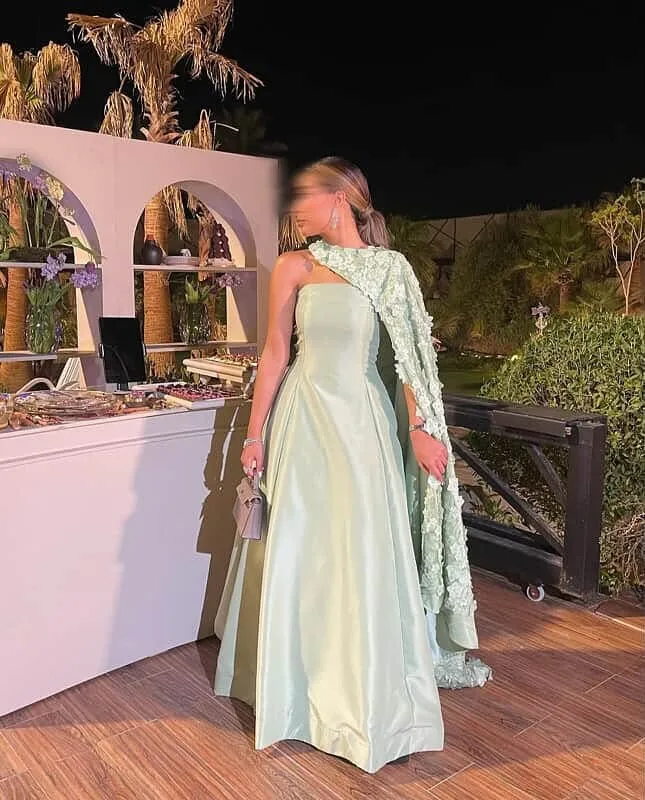 Meetlove Customized Floor Length Satin 3D Flowers Shawl A line Sleeveless One-the-shoulder Prom Dresses Foe Women Party 2025