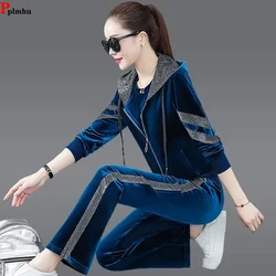 Koreanischer Velours dreiteiliges Set lässig Reiß verschluss Kapuzen jacke T-Shirt Trainings anzug gerade Hose passt Samt Frauen Frühlings ensemble