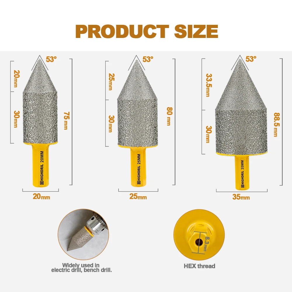 HIGHDRIL 1pc Dia 20/25/35mm Diamond Chamfering Milling Bits with Hex Shank Grinding For Porcelain Tile Ceramic Marble Granite
