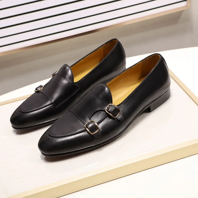 FELIX CHU Men\'s Genuine Leather Loafers Handmade Monk Strap Casual Dress Shoes for Wedding Party Summer Autumn Footwear