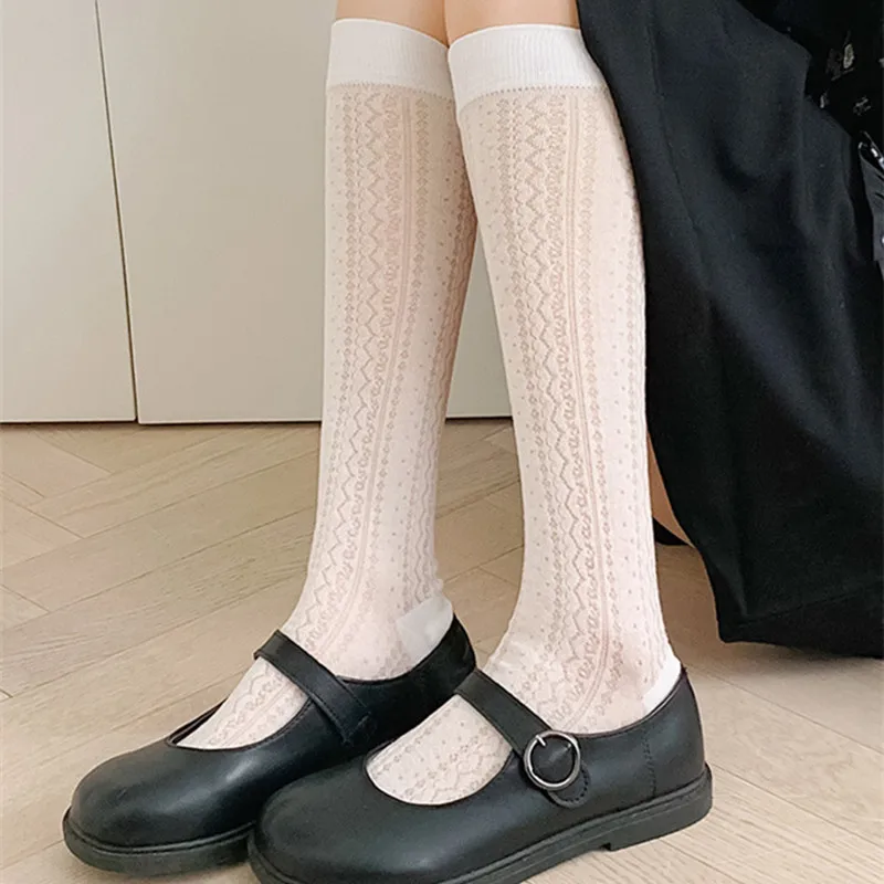 1Pair Women Hollow Jacquard Knee High Socks Breathable Mesh Knit Calf Socks Ladies Cute Lace‑Textured Mid‑Calf Socks