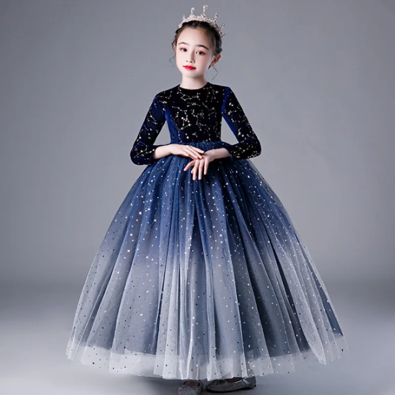 Children's Dress Starry Princess Dress2025Spring NEW Long Sleeve Flower Girl Tulle Tutu Host Catwalk Performance Costumes