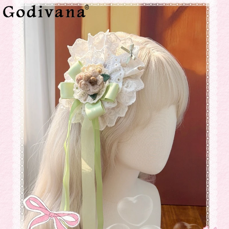 

Sweet Handmade Lolita Headwear Girls Lace Flower Green Long Ribbon Cute Hair Accessory Women Cosplay Tea Party Bridal Hair Clip