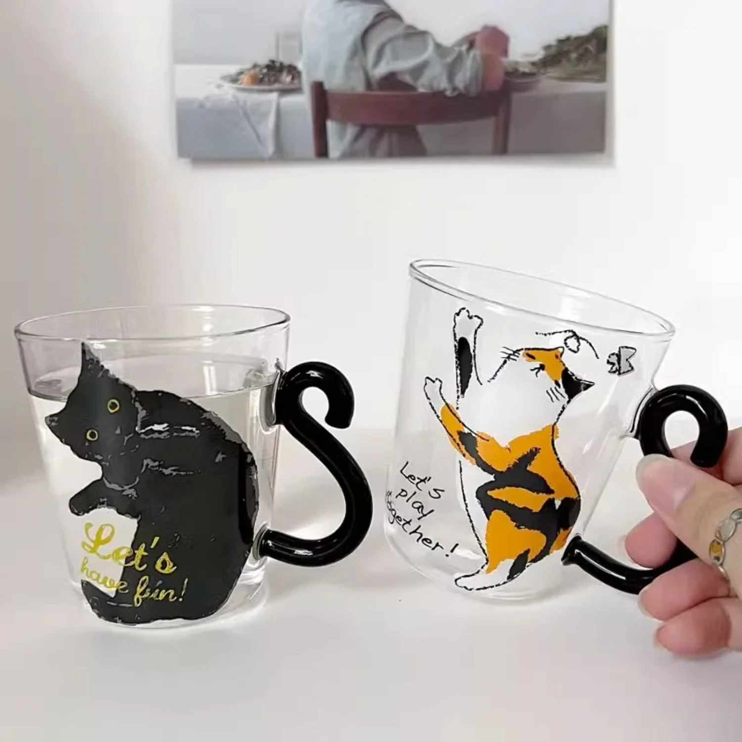 1-2pcs 250 ml Cute Black Cat Glass Coffee Mug Set Handgrip Animal Shaped Milk Water Juice Mugs Tea Cup Japanese Style Gift Tazos