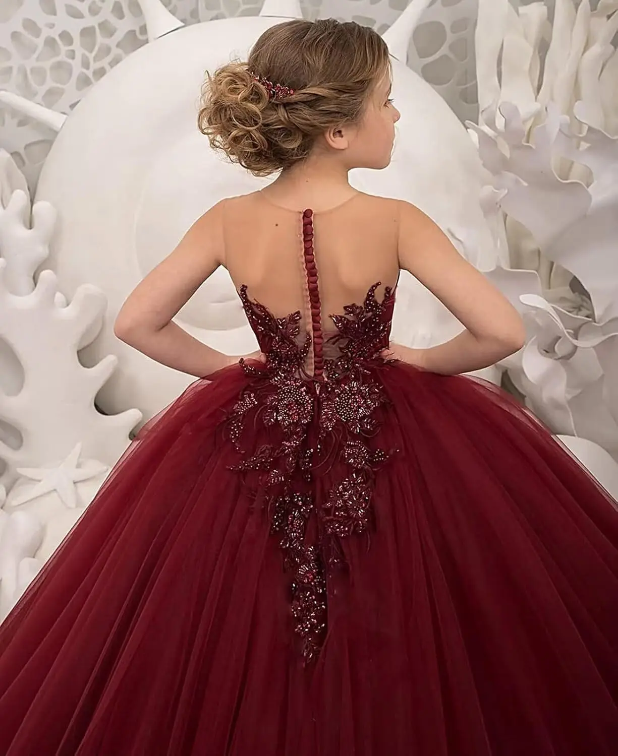 Tulle Flower Girls Dresses Lace Appliques Long Formal Princess Wedding Pageant Ball Gowns for Children