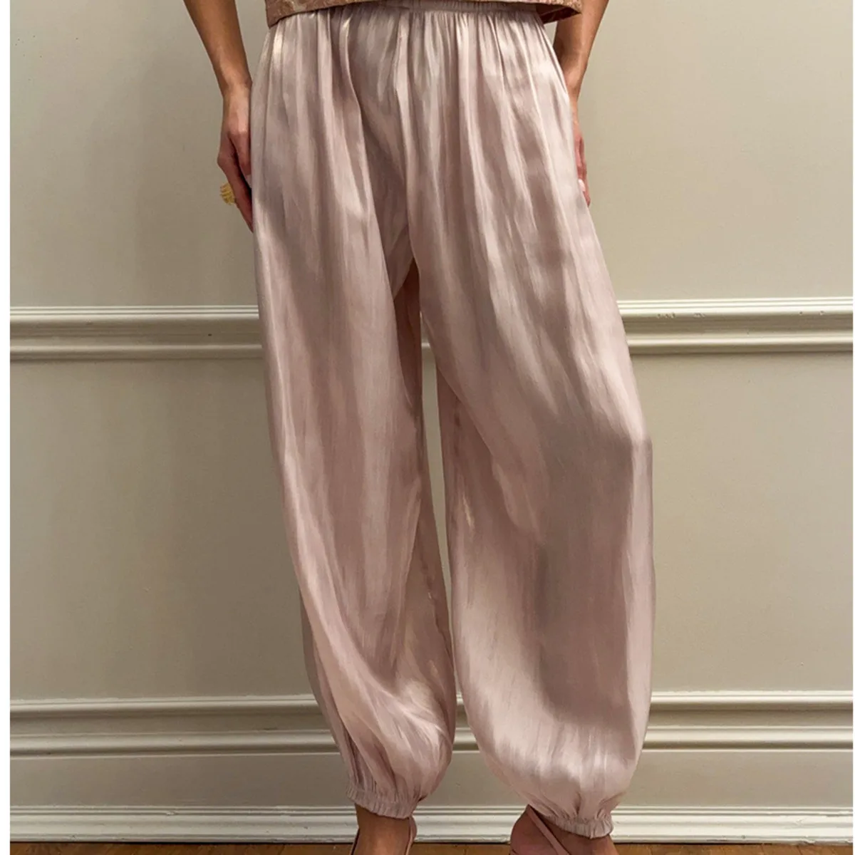 PUAL Women Pink Satin Harem Pants 2025 Elegant Elastic Waist Lantern Pants Loose Shiny Trousers for Ladies Casual Commute Party