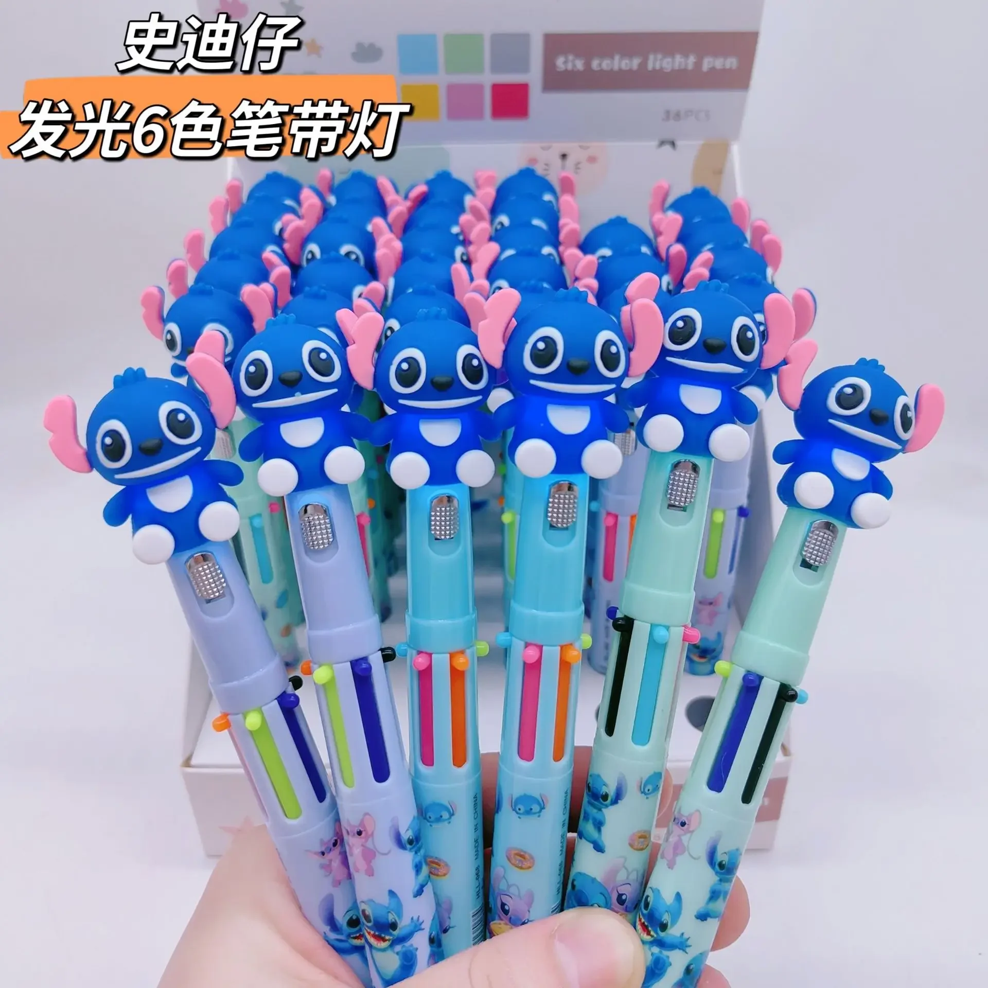 Disney Anime Stitch Glowing 6 Color Pen Multicolor Ballpoint Pen with Light Cute Stitch Figure Student Writing Stationery Gift