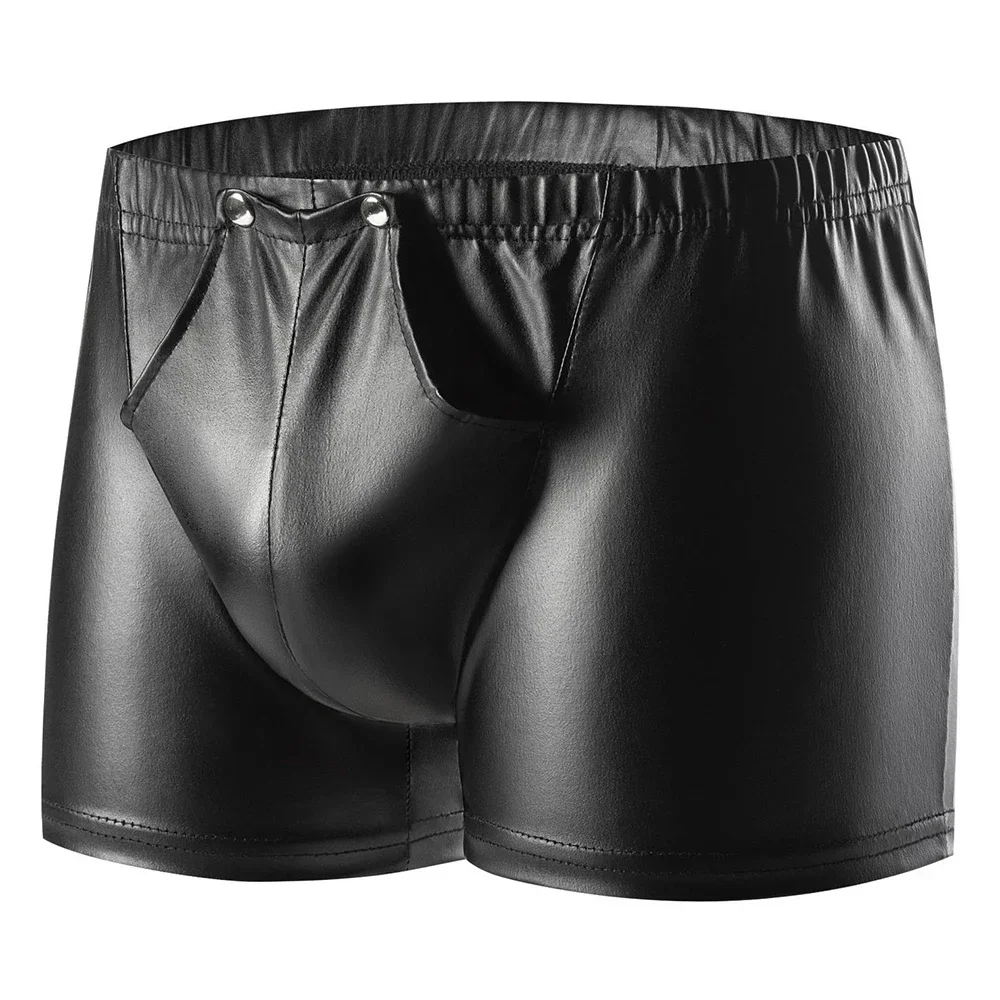 

Sexy Men's Faux Leather Boxer Shorts Button Open Crotch Bulge Pouch Boxers Panties Underwear Men Sexy Lingerie Shorts Underpants