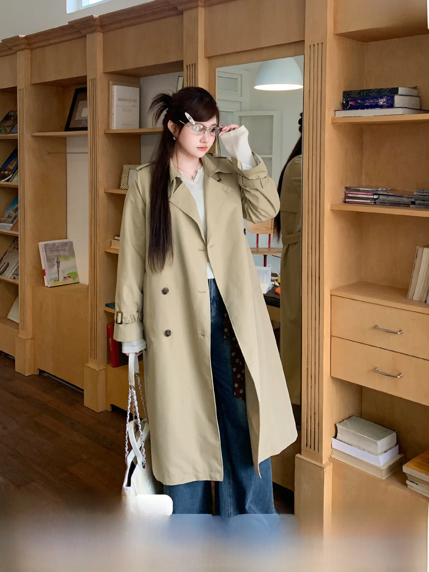 

YUZI British Double-Breasted Coat Medium-Length Spring Commute Long-Sleeve Turn-down Collar Casual Outerwear plus Size Women