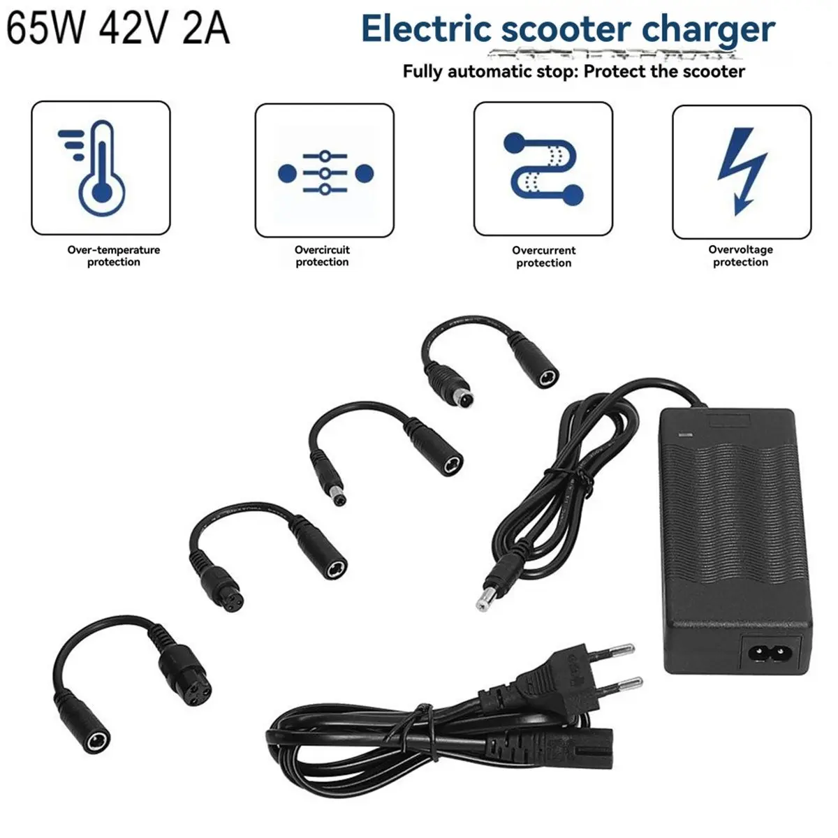 A64K 65W 42V 2A Lithium Battery Charger for Scooters with Connector Cable Adapter Electric Scooter Charger Parts EU Plug