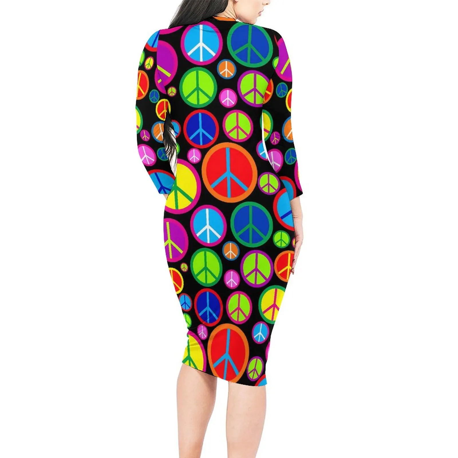 Peace Symbols Dress Long Sleeve Cool Colorful Print Streetwear Dresses Holiday Sexy Bodycon Dress Women Design Oversized Vestido