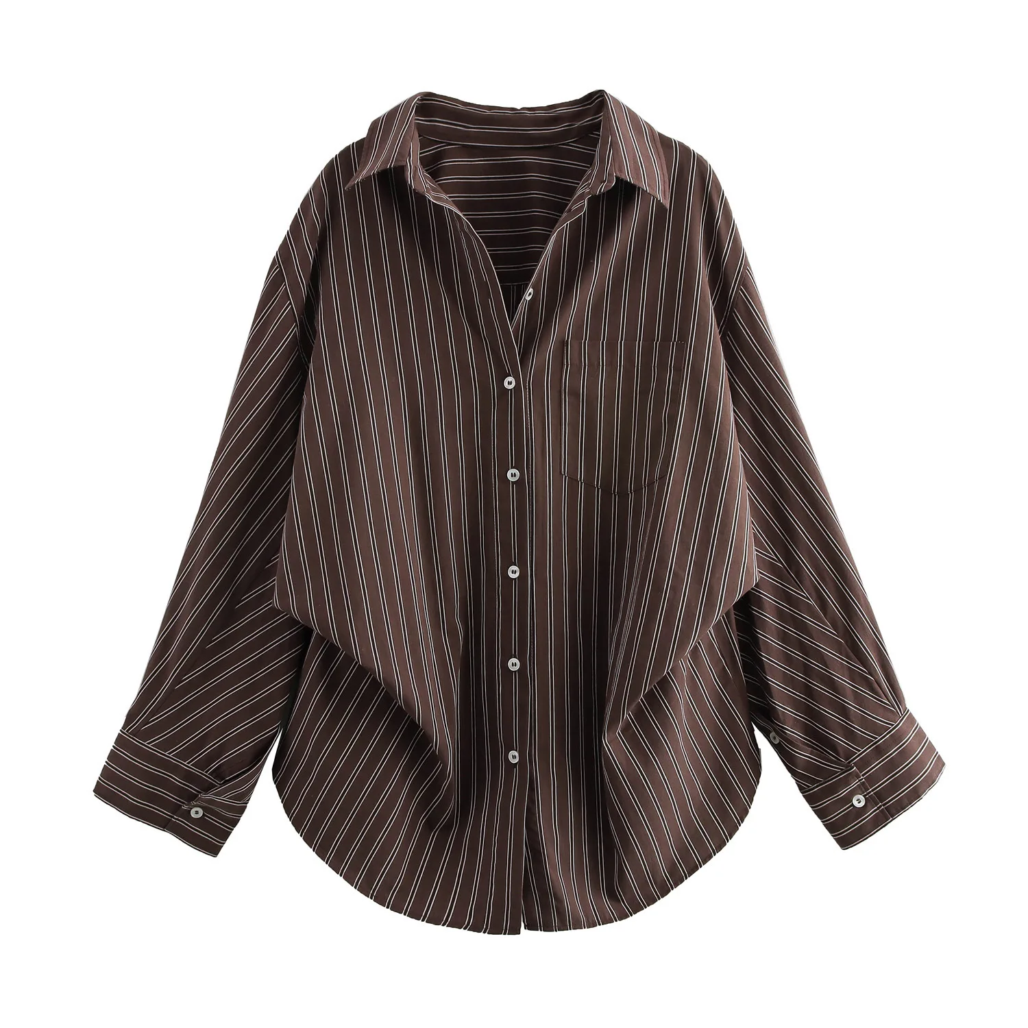 

New Autumn Shirt Tops Long Fashionable Loose Casual Pockets with Stripes