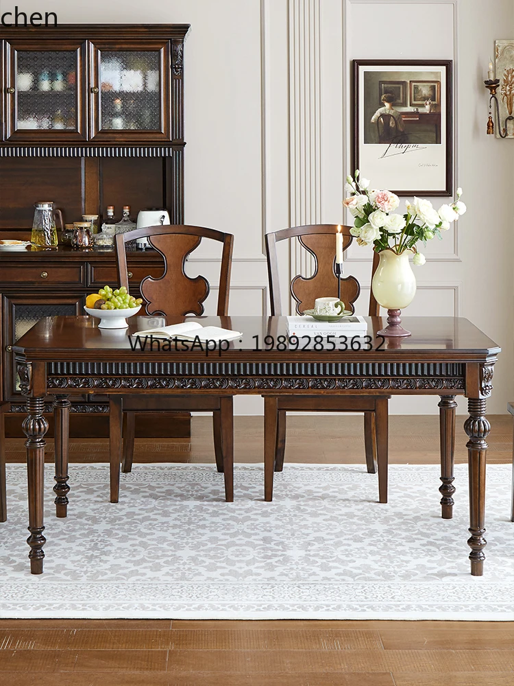 pure solid wood dining table and chair combination carved  log rectangular large apartment restaurant household dining table