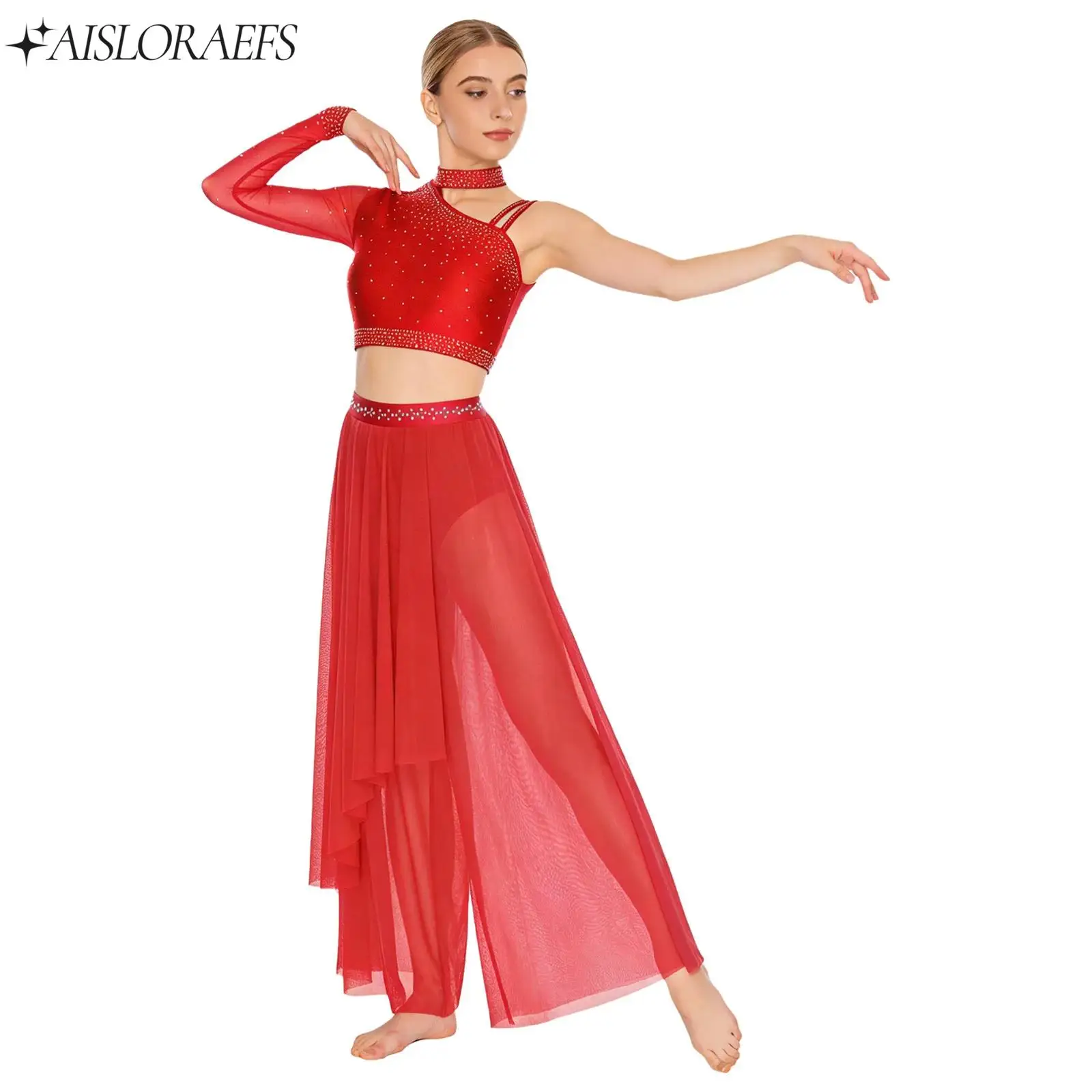 

Womens Lyrical Contemporary Dance Performance Outfit Two Piece Asymmetrical Shoulder Rhinestone Crop Top+Pants Dancewear Set