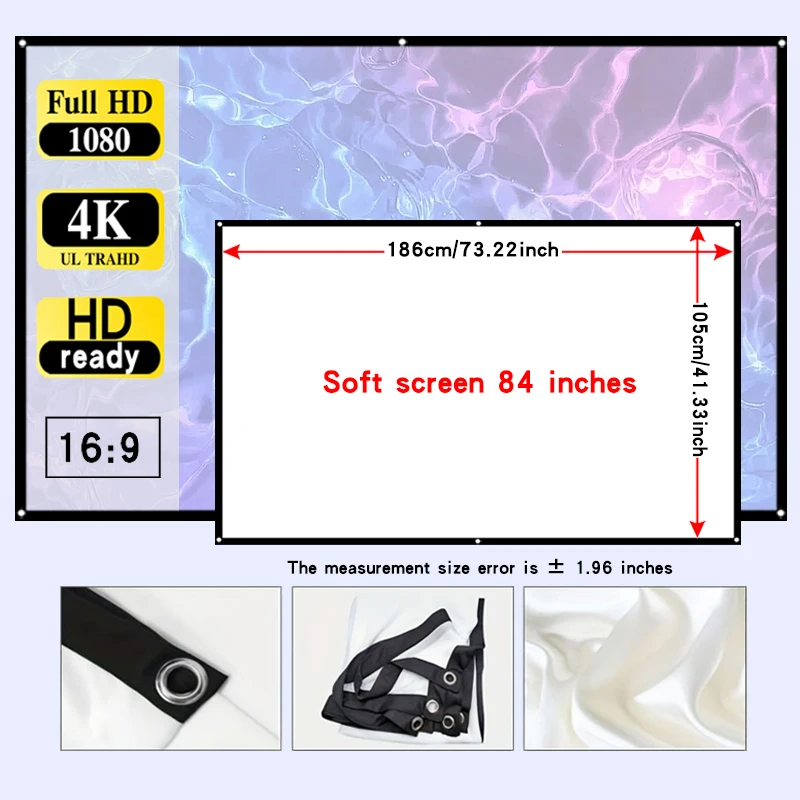 Hot selling 84 inch movie projection screen. Foldable and ironable. Suitable for both indoor and outdoor use.