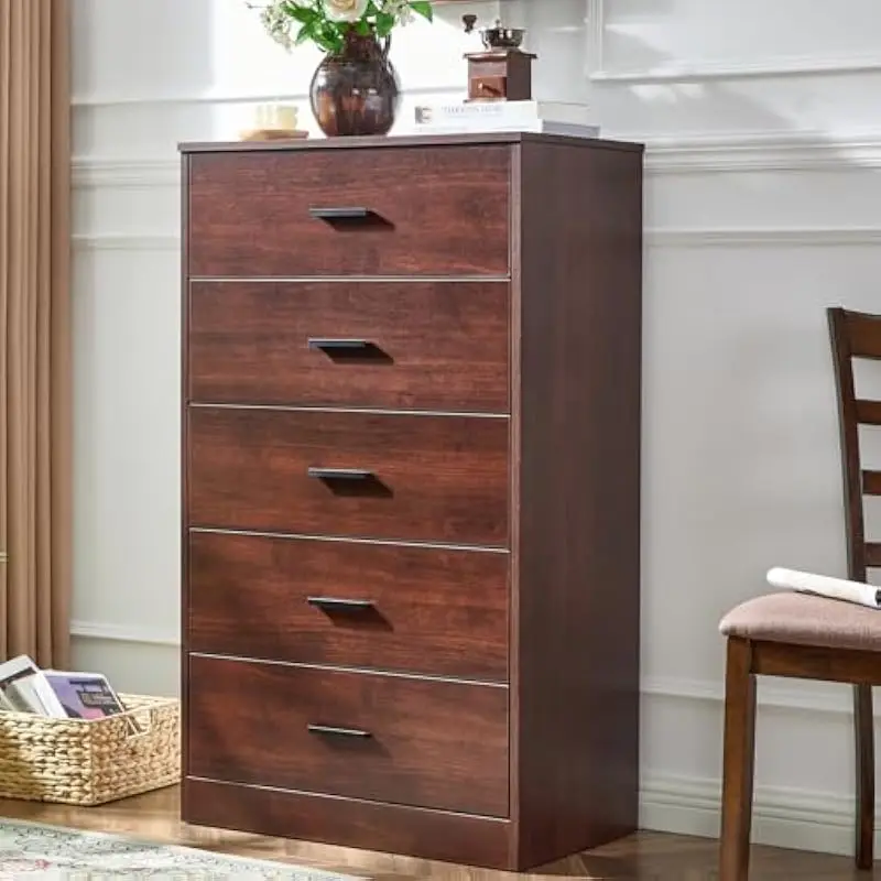 Tall 5-Drawer Wooden Dresser for Bedroom or Living Room | Modern Minimalist Design | Engineered Wood Construction | Smooth-Glidi