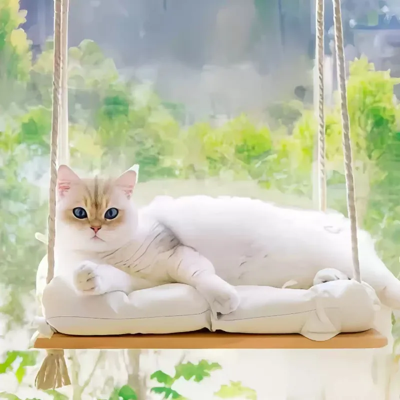 Cat Window Perch Bed With 4 Strong Suction Cups Wooden Window Sill Hammock Soft Cushion for Indoor Cats