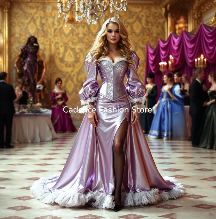 Lavender Rococo Corset Ball Gown Puff Long Sleeve Slit Satin Formal Evening Dress Vintage Noble Princess Party Costume Customize