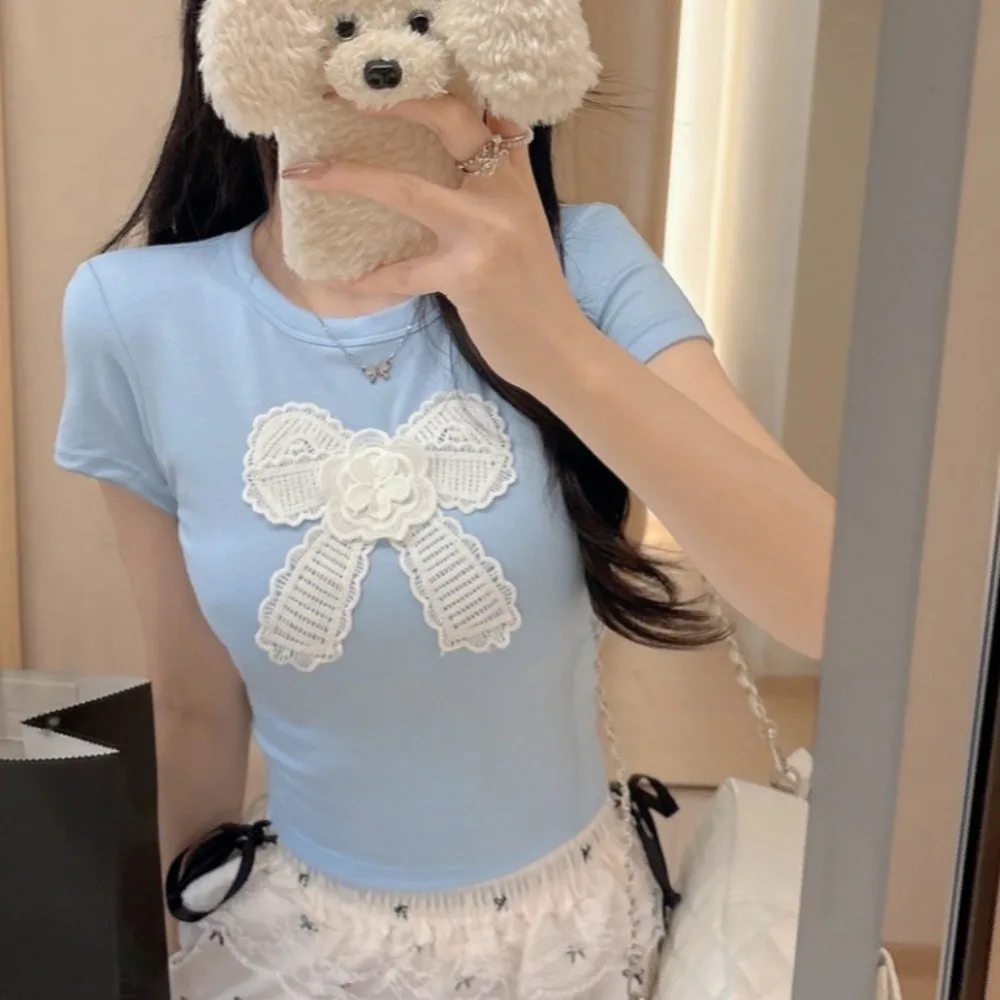 Ins الحلو القطن الكورية القوس تي شيرت مع منصات الصدر Bowknot Y2K المحاصيل القمم قميص مطرز قصيرة الكتف القمم النساء #4