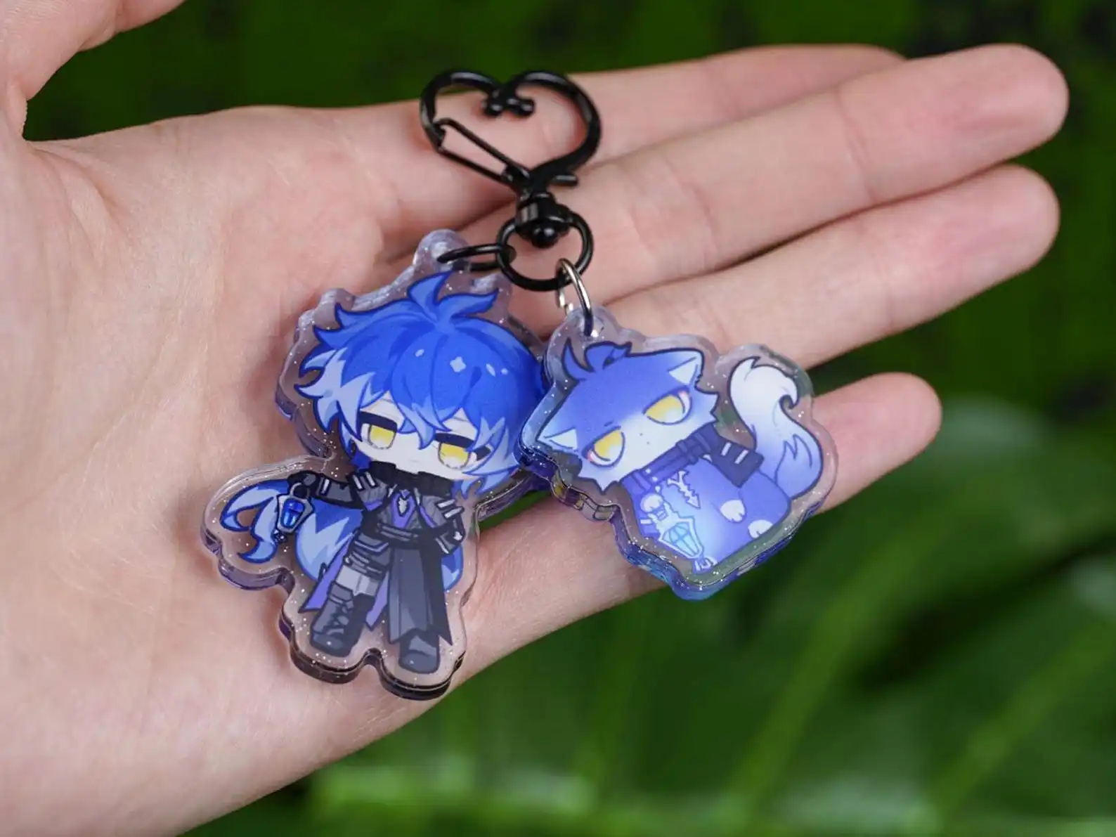 Genshin Impact Flins 2-Piece Glitter Acrylic Keychain Set - Blue Themed Chibi Character Charm for Fandom Fans