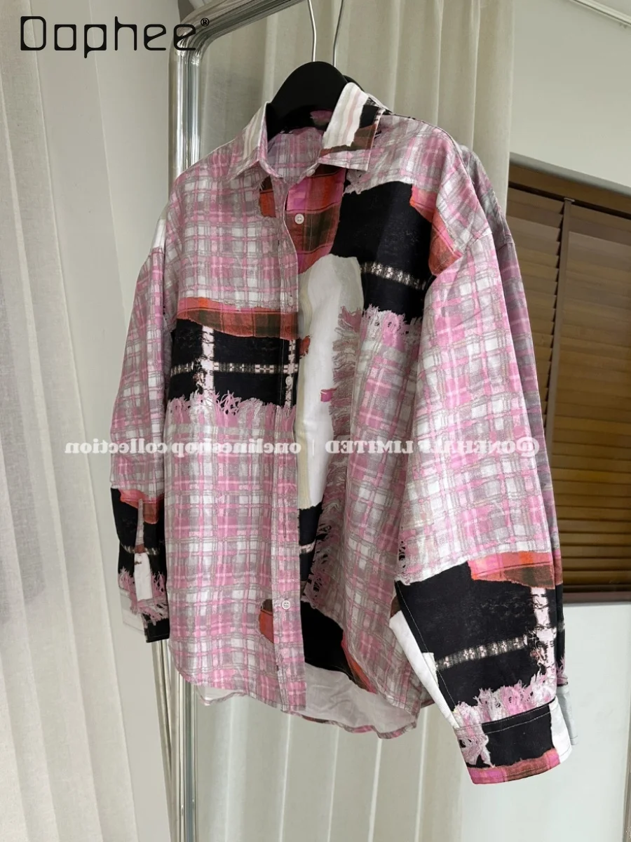 

Pink Plaid Women Shirt Contrast Color Long Sleeve Turn Down Collar Loose Shirts Korean Fashion Casual Color Block Irregular