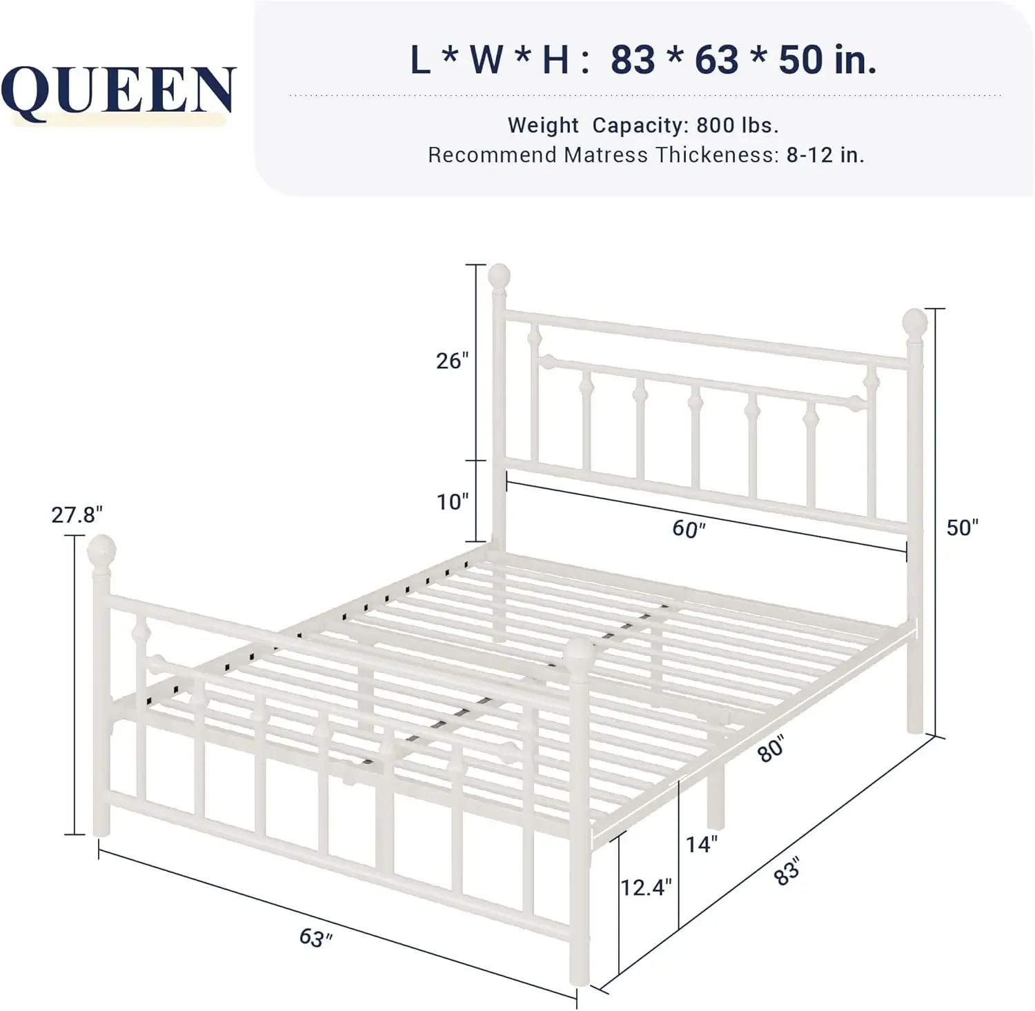 14 Inch Queen Size Metal Platform Bed Frame with Victorian Vintage Headboard and /Mattress Foundation/Under Bed