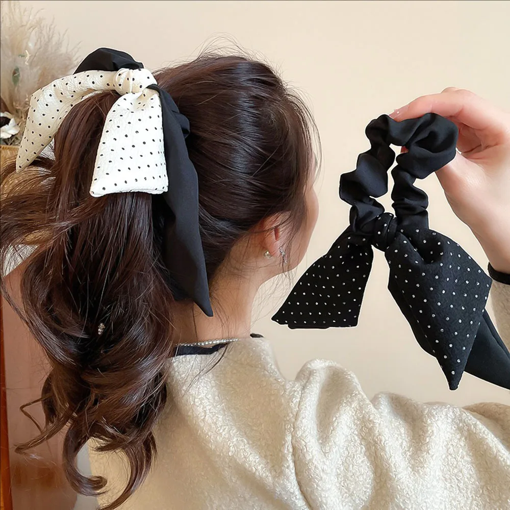 

5pcs New Fabric Polka Dot Bow Hair Band Simple Fashionable Elegant Ponytail Hair Tie High-end Hair Accessories