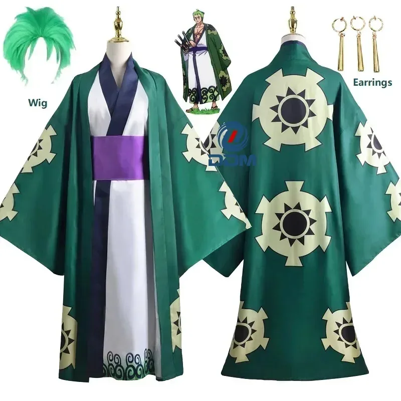 

2025 New Green Roronoa Zoro Kimono Cosplay Anime Costume Uniform Wig Lining Outerwear Girdle For Halloween Carnival Party C ★ ★