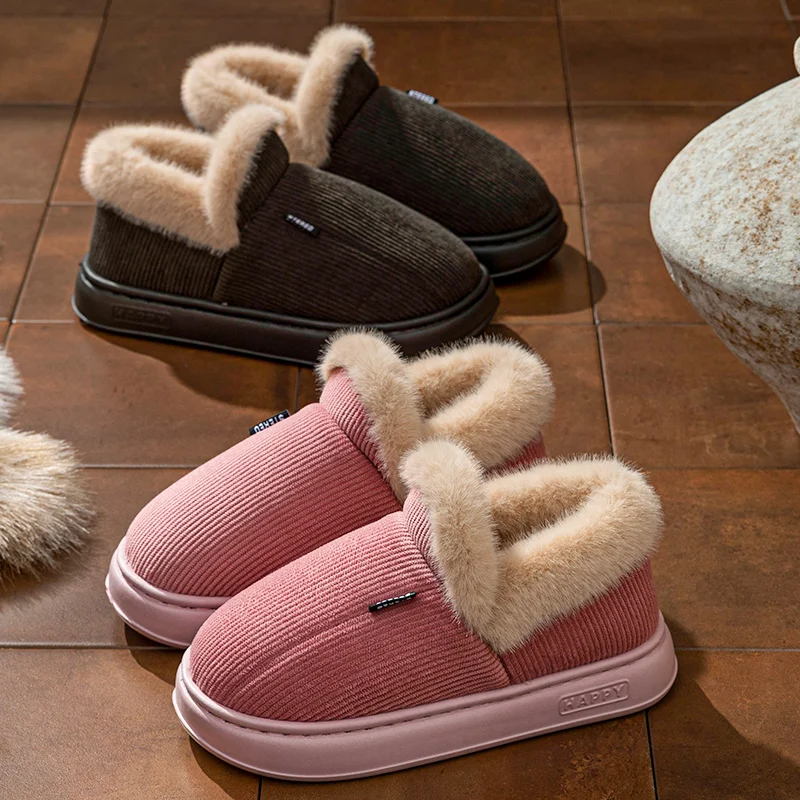 Zapatillas cómodas antideslizantes de pana para interior para mujer, pantuflas de casa de piel esponjosa con suela suave para invierno, botas de nieve cálidas de felpa, 2025