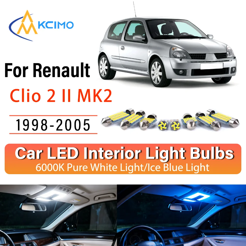 Kit de remplacement de lampes intérieures LED à éclat persistant pour Renault Clio 2 II MK2 1998-2005 – Amélioration des lampes de dôme, de lecture et de coffre