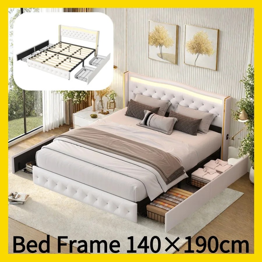 140×190cm White PU Bedframe,Bed Frame Queen,with 4 Drawer,with Light and Charge Port,Bedroom Furniture