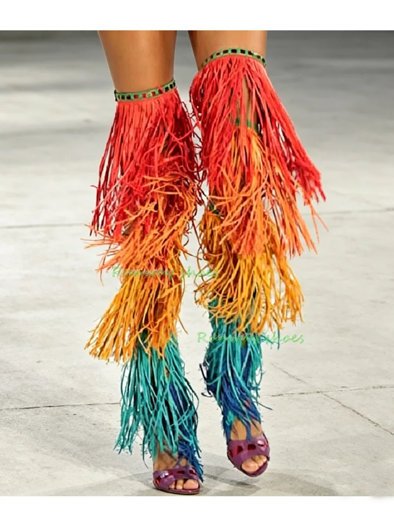 Rainbow Gradient Tassel Over The Knee High-Heeled Boots Stage Performance Party Roman Sandals Gladiator Luxury High Heels 2026