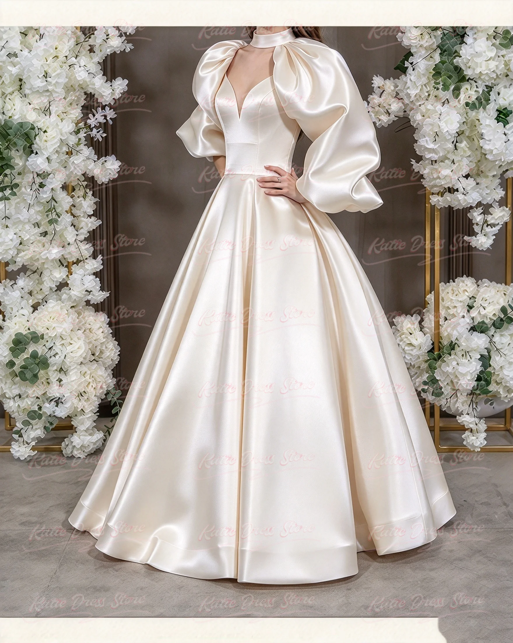 Elegant Pleated Satin Bridesmaid Dress for Wedding Puffy High Neck Balloon Sleeves Women Evening Communion Dress Customized