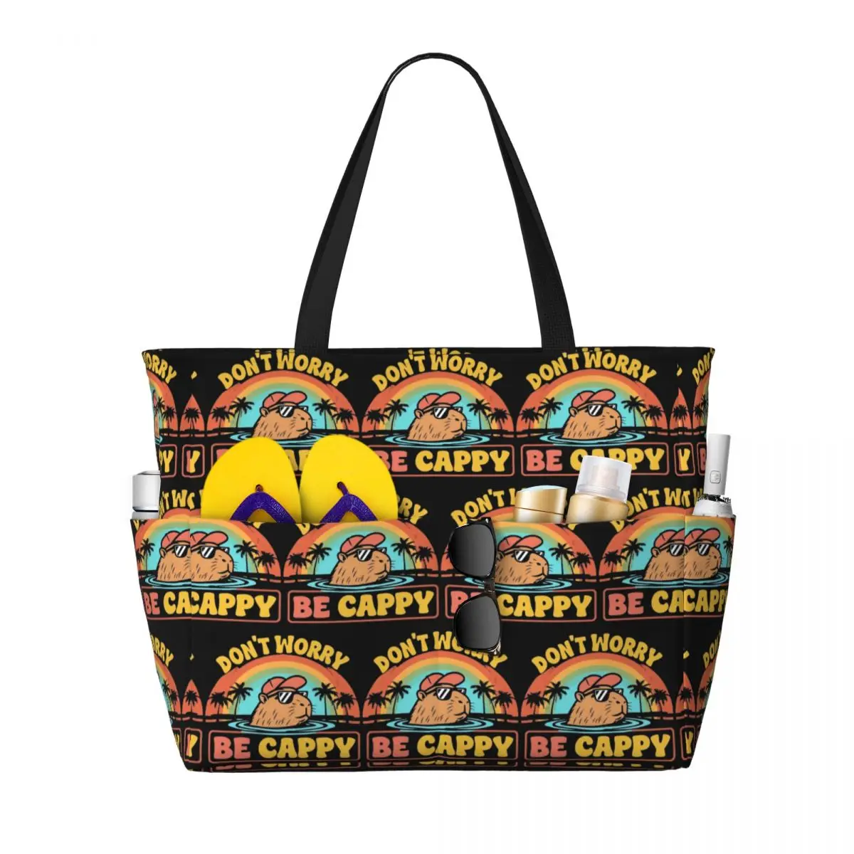 

Embrace The Capybara Craze Don't Worry Be Cappy Beach Tote Bag Sport Gym Yoga Duffle Large Tote Bag Women Travel Bag Fitness bag