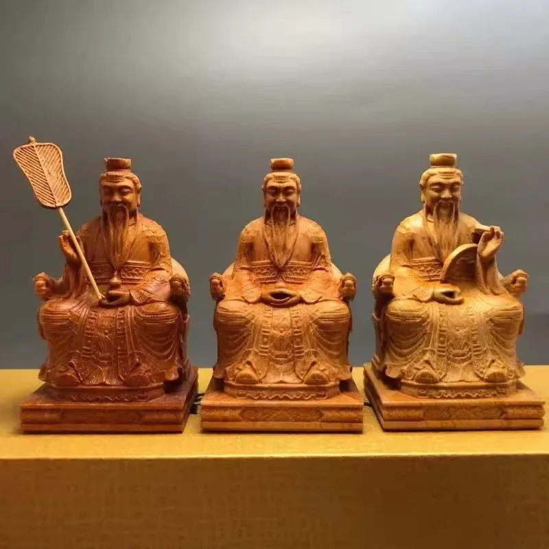 Taoist Deities Wood Carvings, Sanqing Statues Set, Handcrafted Laozi Yuan Shi Tian Zun Figurines for Home Temple Decor