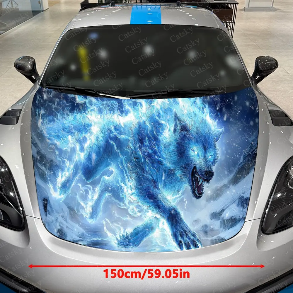 Ice Flame Running Wolf Car Vinyl Wrap, PVC Waterproof Car Hood Sticker, Self-Adhesive Scratch-Resistant Stickers