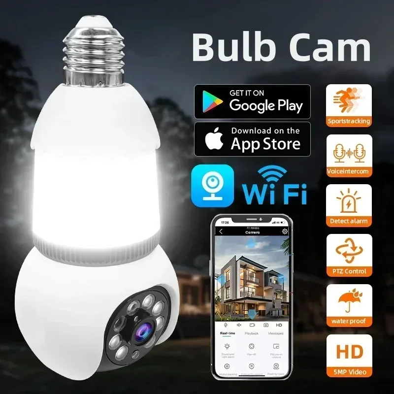 

5MP E27 Bulb Surveillance Camera WiFi Baby Monitor Automatic AI Tracking Indoor Video 10X Zoom Security Cam CCTV PTZ Cameras