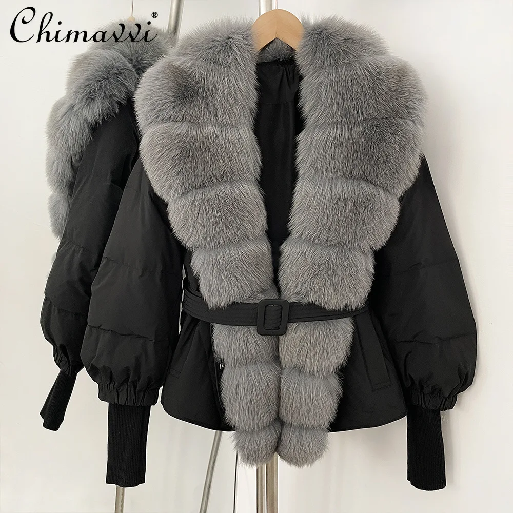 เสื้อโค้ทขนเป็ดคอปกขนจิ้งจอกแท้ ดีไซน์หรูหรา ทรงหลวม สไตล์ลำลอง อเนกประสงค์ หนา อุ่น สำหรับผู้หญิง ฤดูหนาว