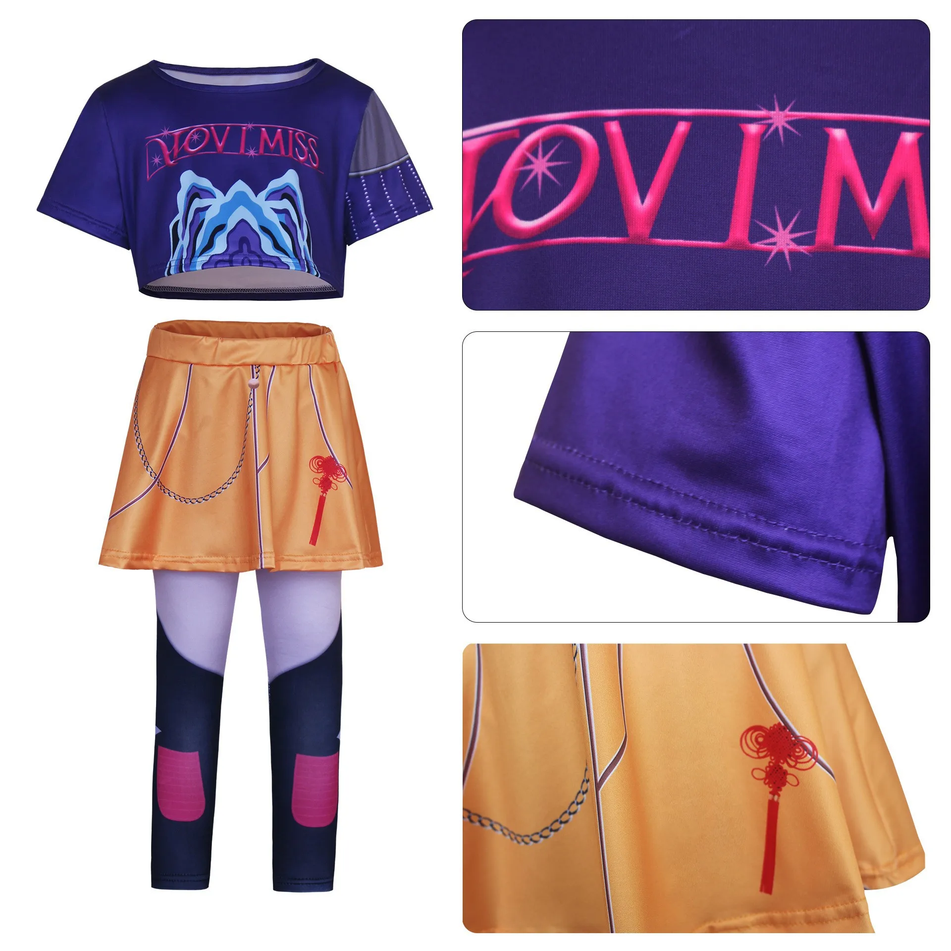 Girls Korean Trendy Singer Costume 2Pcs Purple Top+Yellow Skirt 3D PrintLeggings Birthday Party Dance Performance Girl Uniform