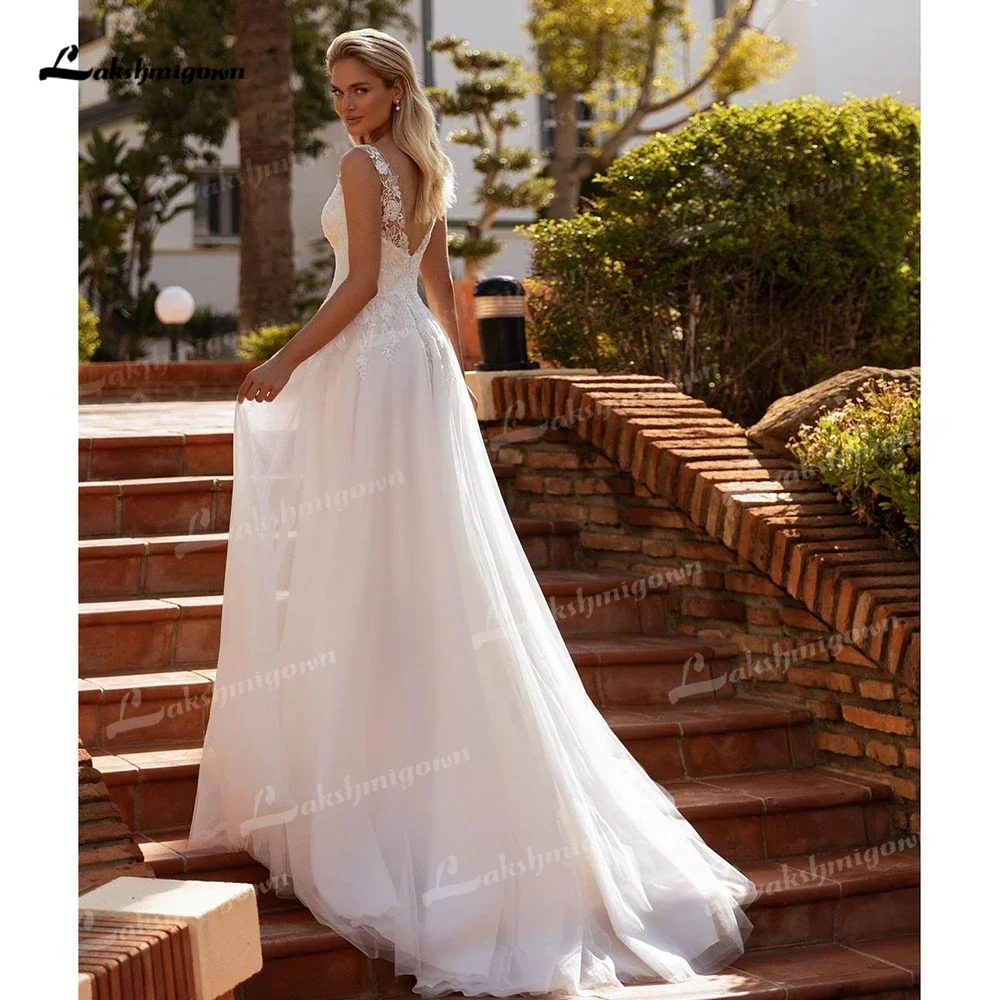 2025 sexy decote em v profundo sem mangas renda superior aberto volta tule uma linha vestido de casamento personalizado para as mulheres boho nupcial crescidos vestidos de n