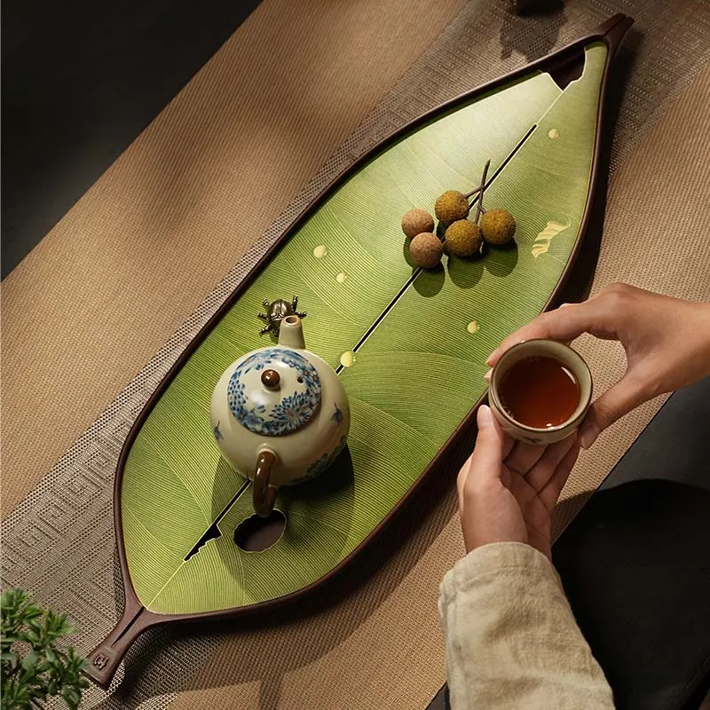 One Leaf Double Rhyme Chinese Style Brass Tea Tray Banana Leaf Handmade Color Burned Durable Household Storage Row Dual-use