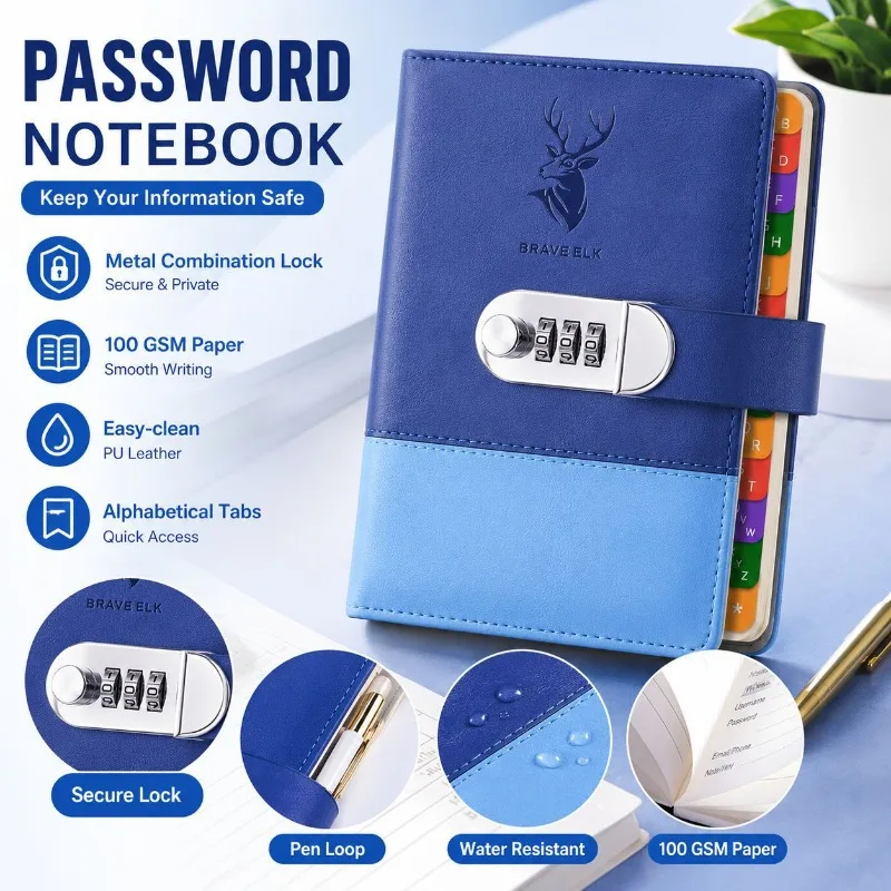 PU Leather Password Notebook with Combination Lock, Alphabet Tabs Pen Loop Secret Diary Planner Journal Office Stationery